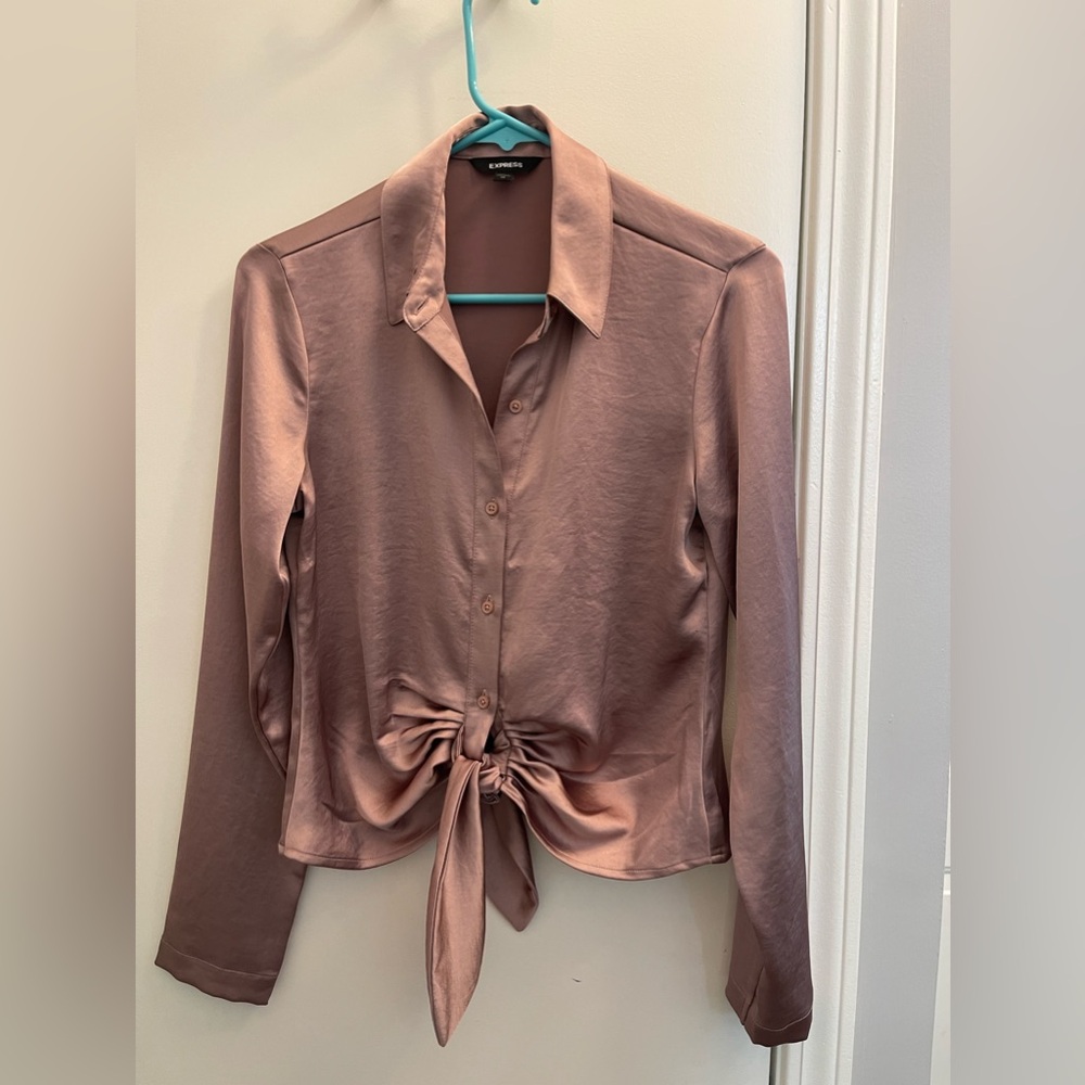 Express Light Pink Satin Button Down With Tie Front Detail